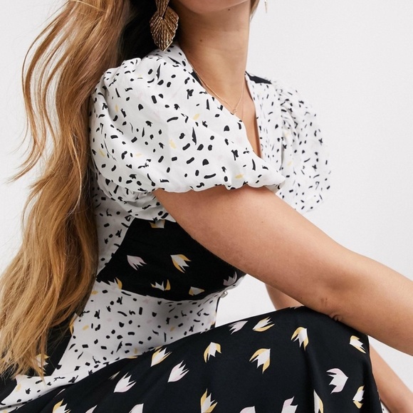 Rahi SZ S Black/White Confetti Patchwork Puff Sleeve Maxi Dress - Picture 2 of 10